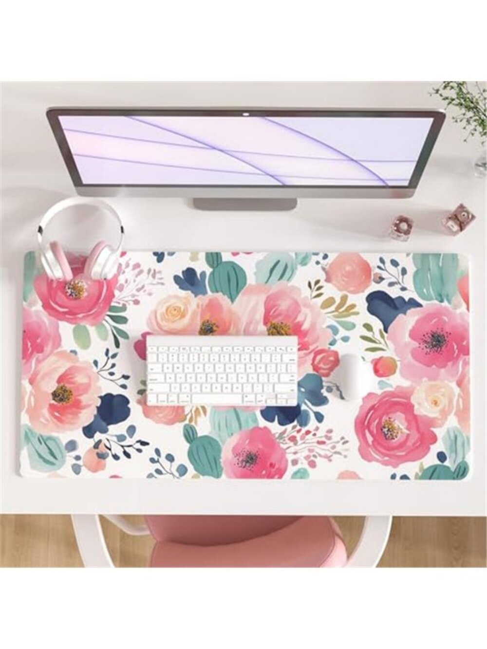 Faux Leather Large Mouse Pad, Office Desk Mat, 31.5"x15.7", Pink Floral